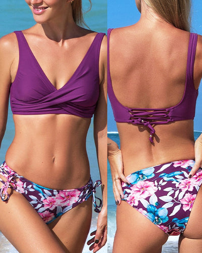 Bikini femme – Haut croisé enveloppant – Bas à liens réglables – Tissu extensible respirant