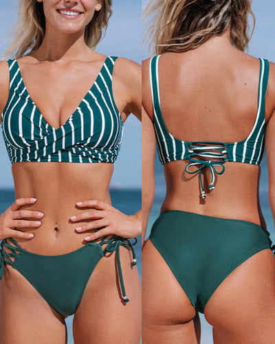 Bikini femme – Haut croisé enveloppant – Bas à liens réglables – Tissu extensible respirant