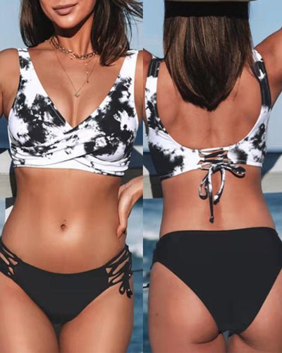 Bikini femme – Haut croisé enveloppant – Bas à liens réglables – Tissu extensible respirant