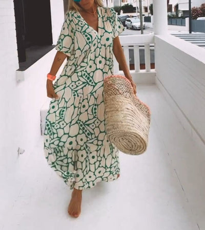 Anaëlle | Robe Midi Élégante à Motif Doux et Col V