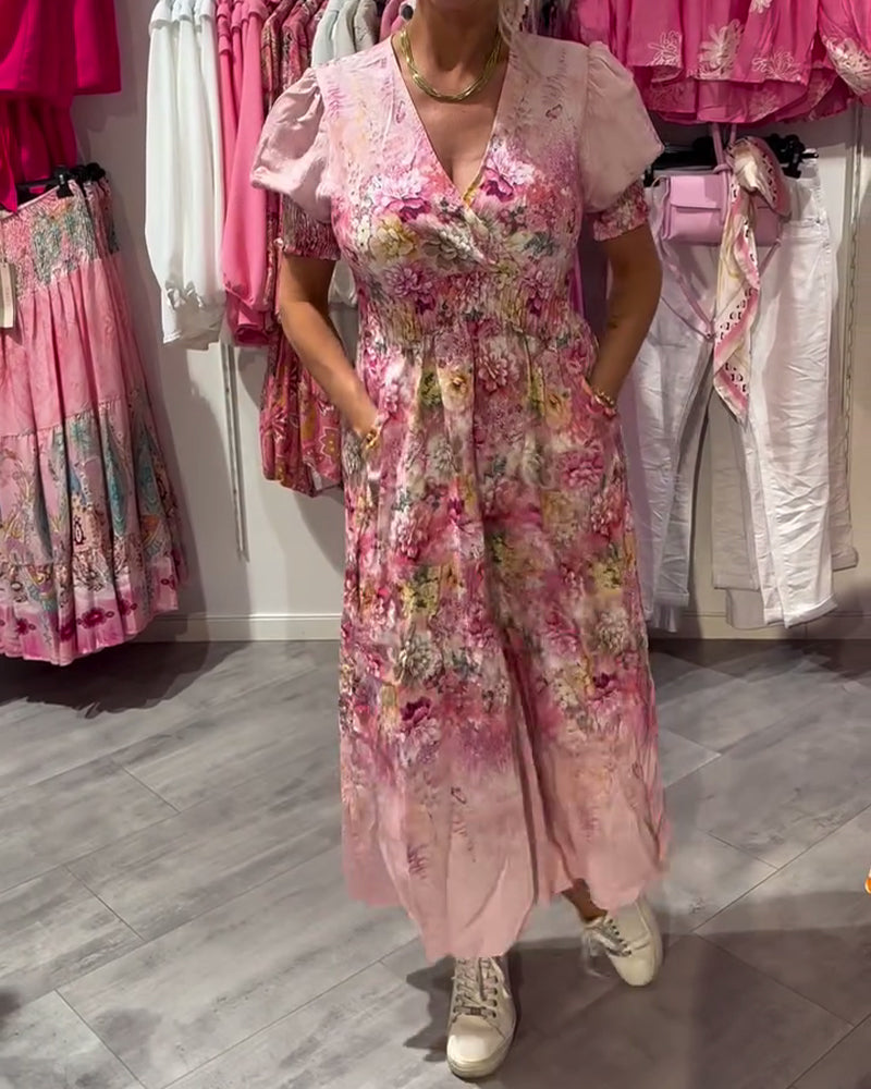 Robe Manche Bouffant Encolure En V Fleuri Taille