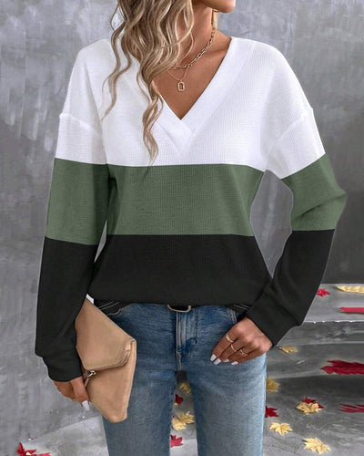 Blouse À La Mode Col En V Couleur Contrastée Design