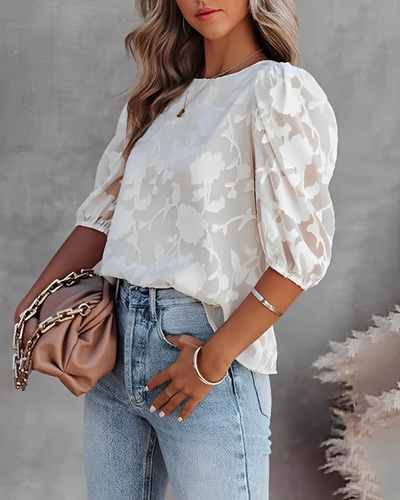Chemisier pour femmes - Modèle semi-transparent avec manches bouffantes et relief floral