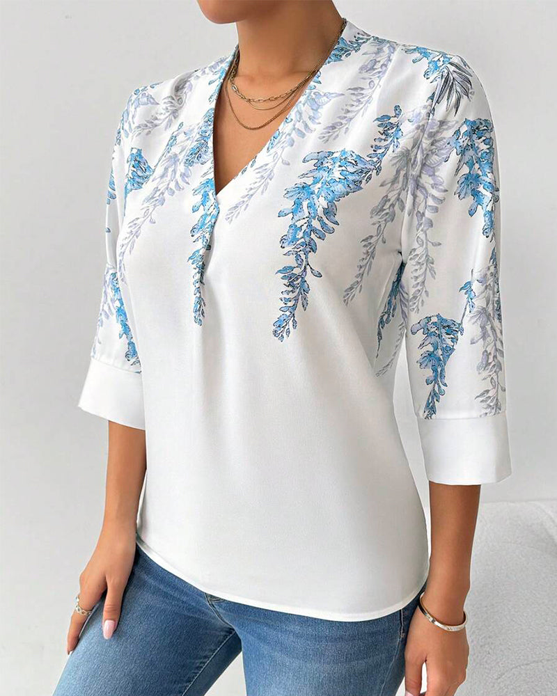 Blouse Trois-Quarts Manches V-Carré Imprimé