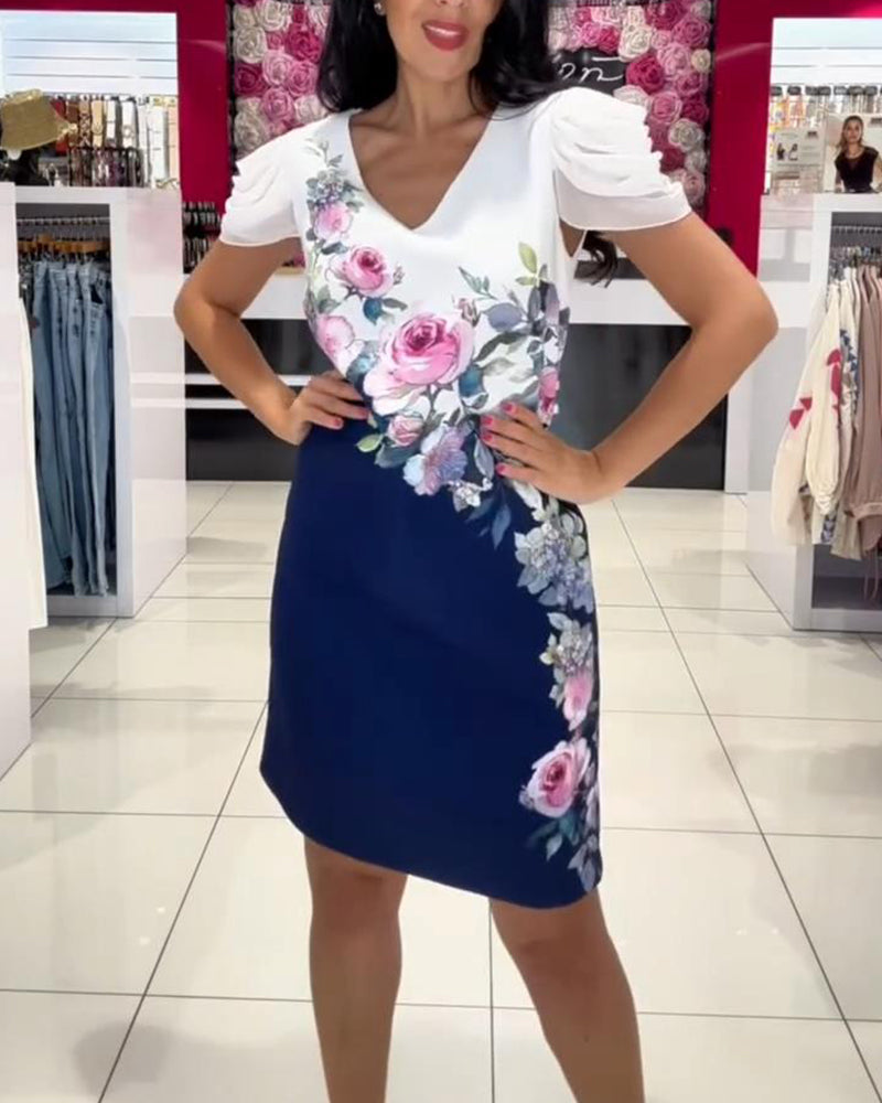 Robe Manche Bouffant Encolure V Rose Fleur