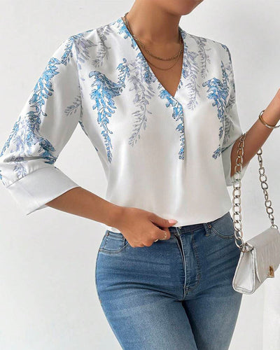 Blouse Trois-Quarts Manches V-Carré Imprimé