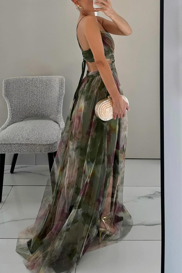 Alina™ | Robe Longue Aérienne à Bretelles et Imprimé Aquarelle