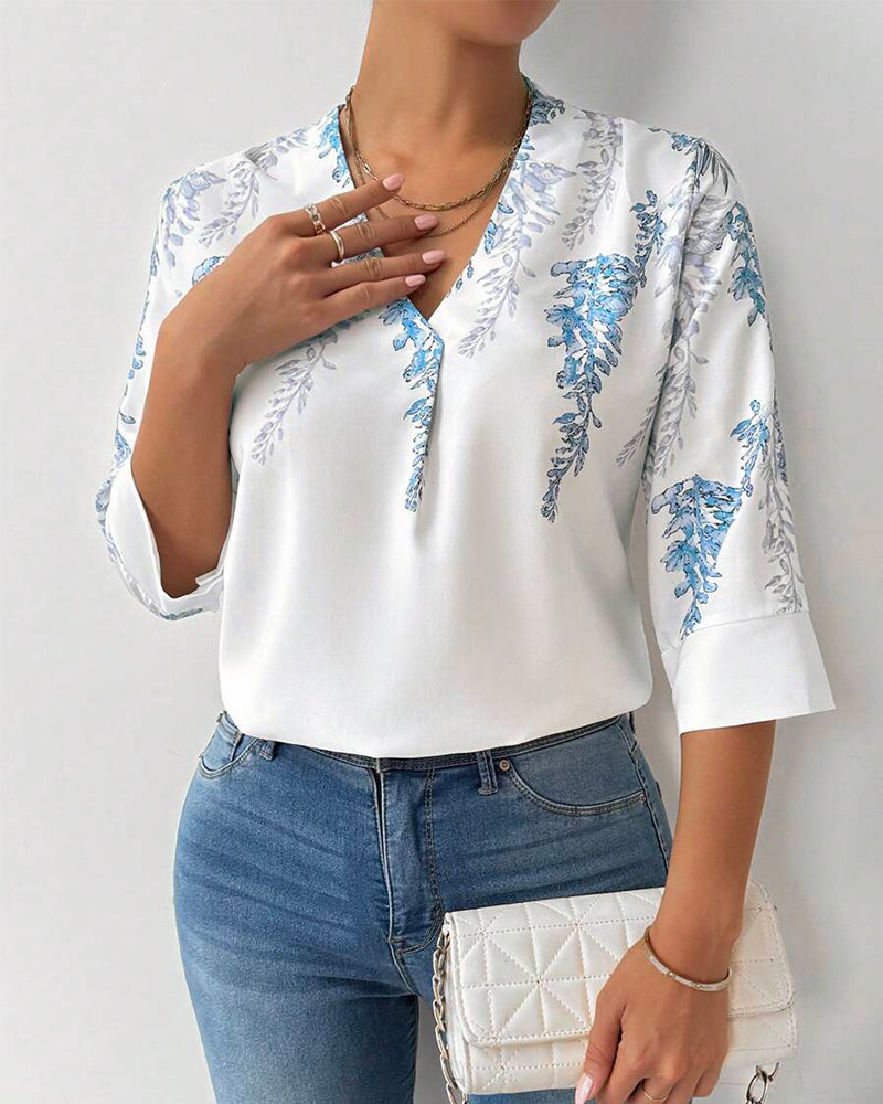 Blouse Trois-Quarts Manches V-Carré Imprimé