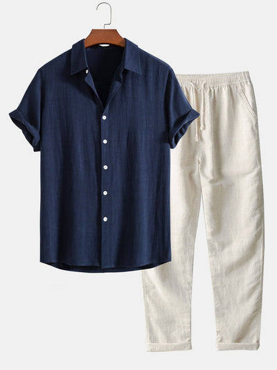 Chemise boutonnée en mélange de lin et rayonne et pantalon droit en lin