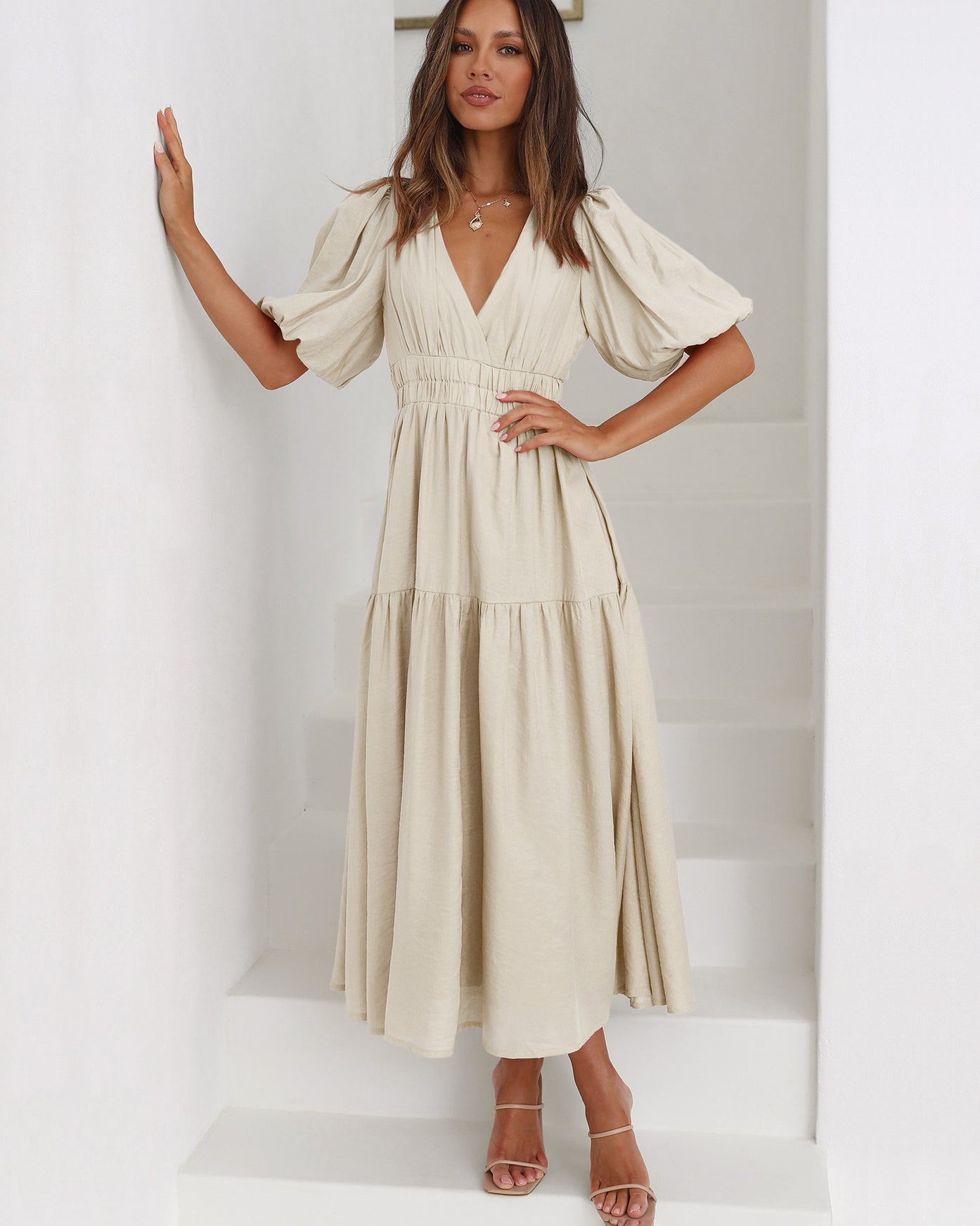 Robe Ella - Décolleté en V, Manches Bouffantes