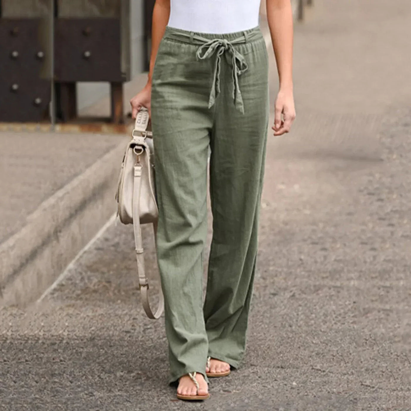 Pantalon large femme – Taille haute – Fibres naturelles – Ceinture nouée – Longueur totale