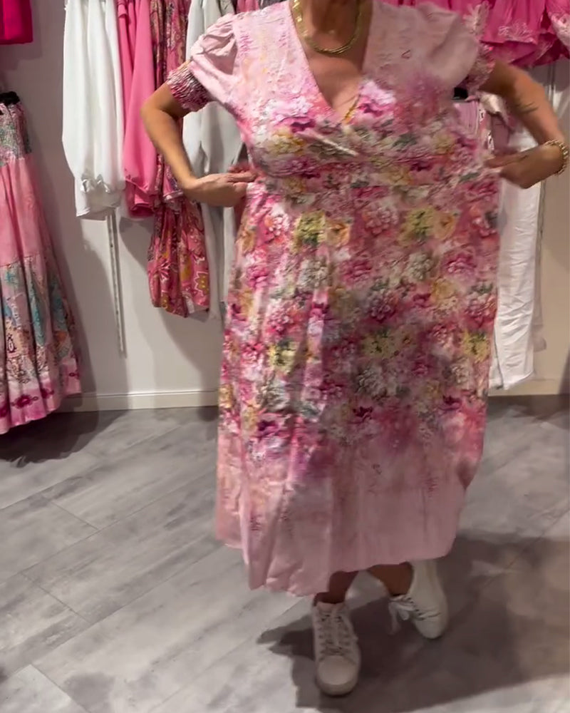 Robe Manche Bouffant Encolure En V Fleuri Taille