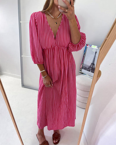 Robe Encolure En V Manche Ballon Rayée