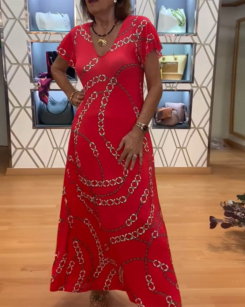 Robe Col V Imprimé Chaîne Maxi