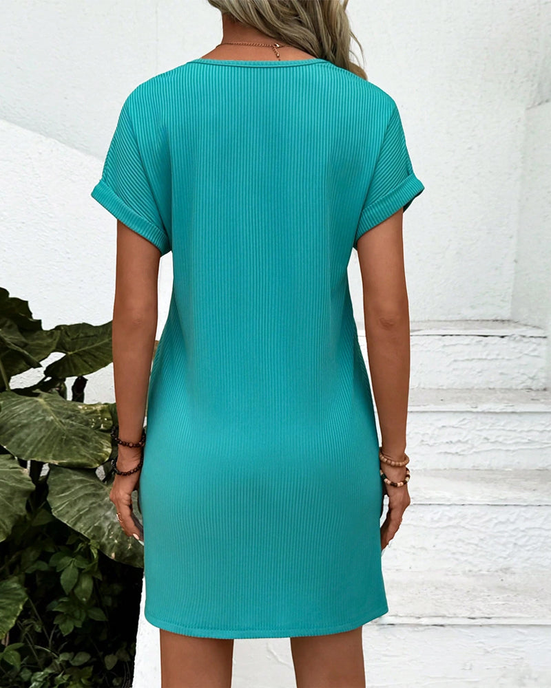 Robe Col En V Couleur Unie Trois Boutons Manches Courtes