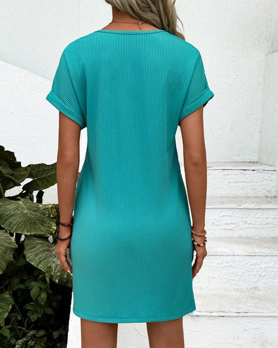 Robe Col En V Couleur Unie Trois Boutons Manches Courtes