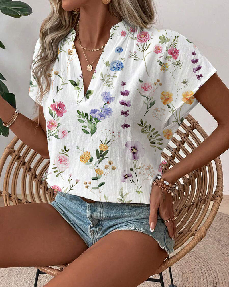 Blouse Imprimé Fleuri Manches Courtes