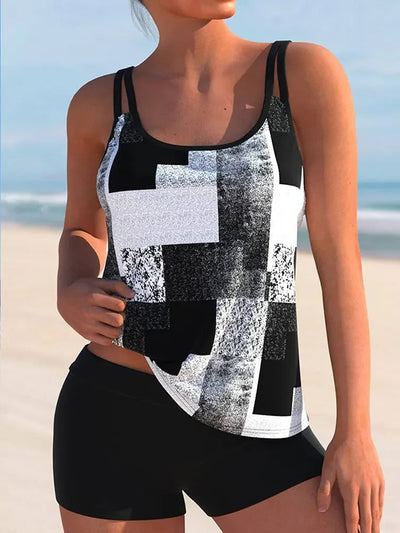 Tankini Femme – Coupe Décontractée – Imprimé Géométrique – Bretelles Doubles – Tissu Respirant