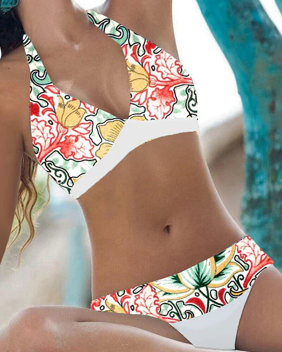Bikini femme – Ensemble élégant – Décolleté V – Finition lisse – Imprimé floral
