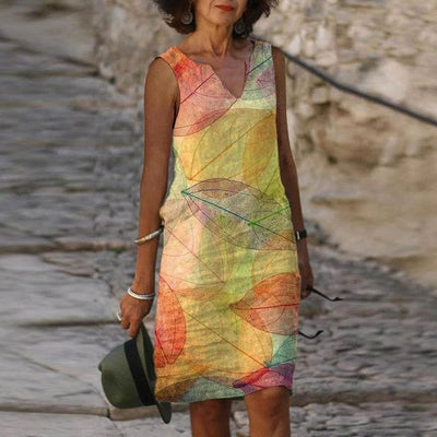 Robe femme – Coupe ample – Décolleté en V – Sans manches – Imprimé feuillage