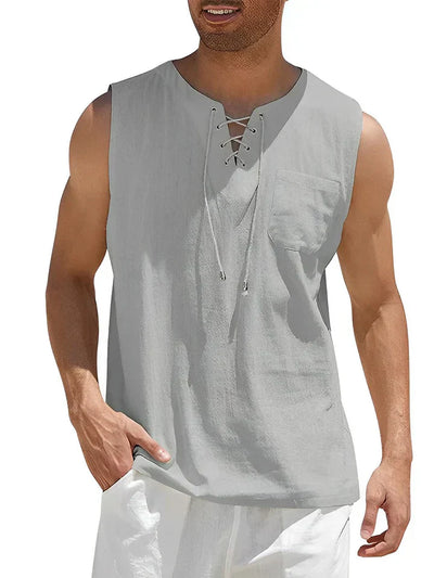 Débardeur homme – Coupe décontractée – Devant lacé – Poche poitrine – Tissu respirant