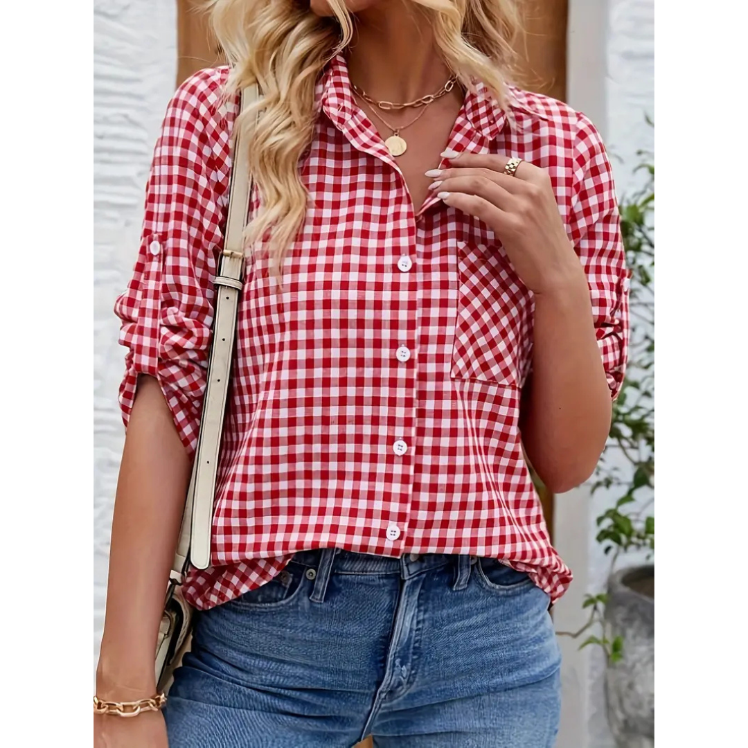 Chemise décontractée femme – Coupe ample – Motif vichy – Fibres naturelles respirantes