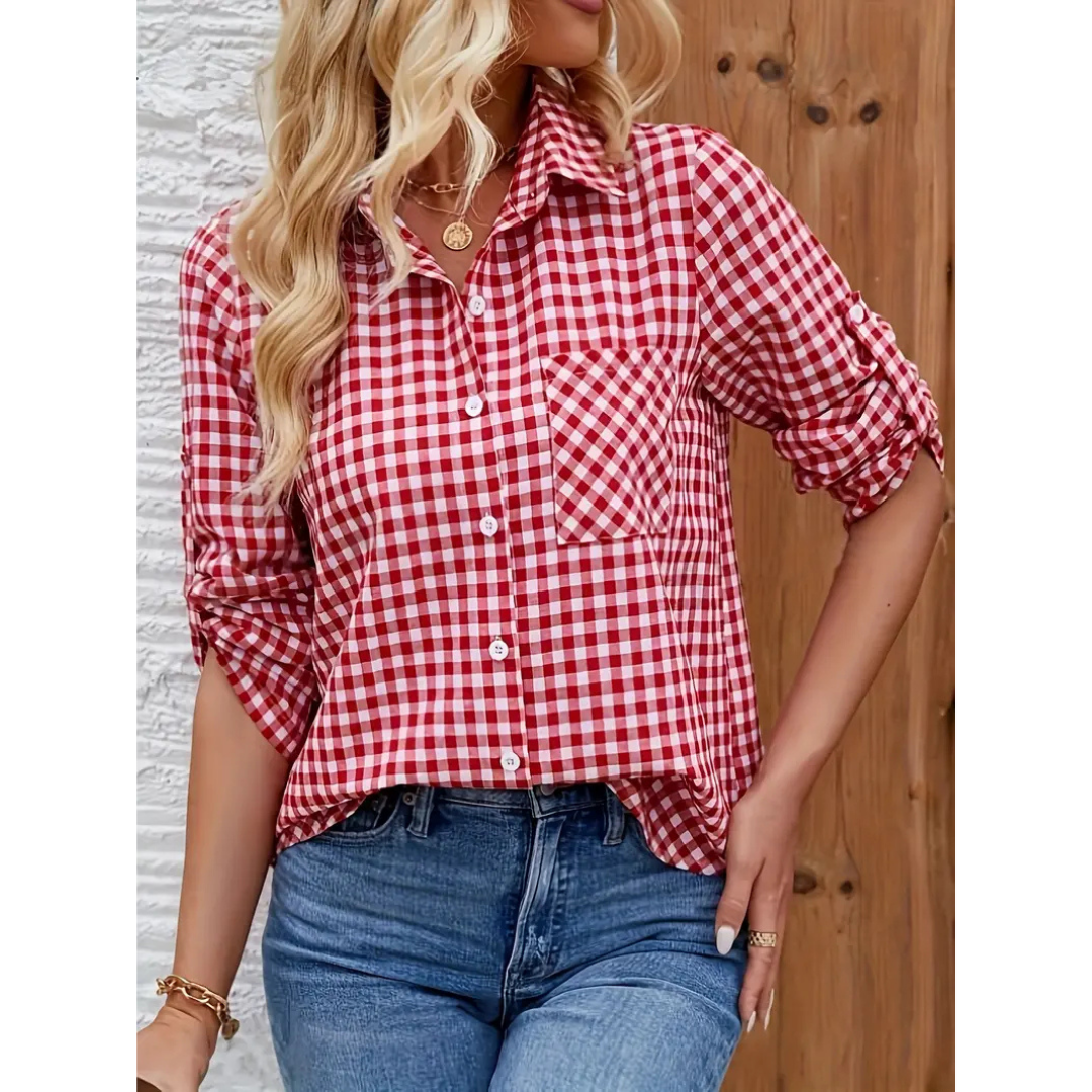 Chemise décontractée femme – Coupe ample – Motif vichy – Fibres naturelles respirantes