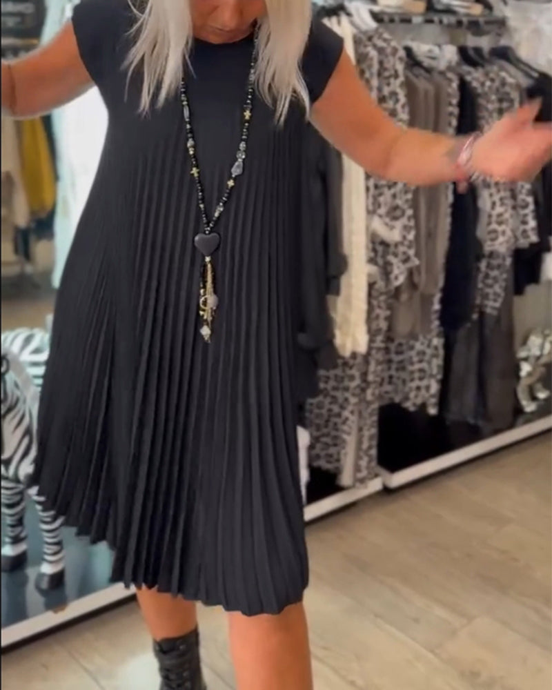 Robe décontractée plissée de couleur unie à col rond