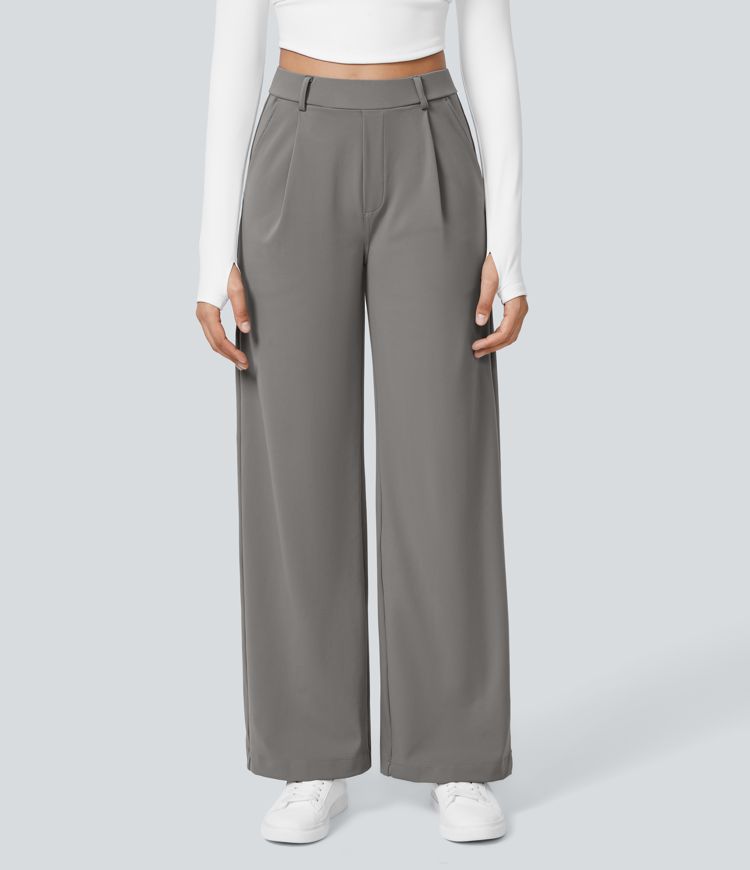 Pantalon Tailleur Taille Haute Plissé Poches Latérales Jambe Droite