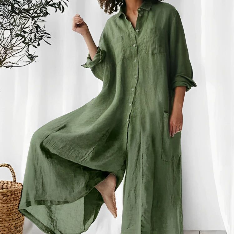 Combinaison femme – Coupe oversize – Tissu respirant – Longue – Boutonnée avec poches