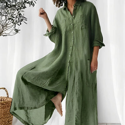 Combinaison femme – Coupe oversize – Tissu respirant – Longue – Boutonnée avec poches