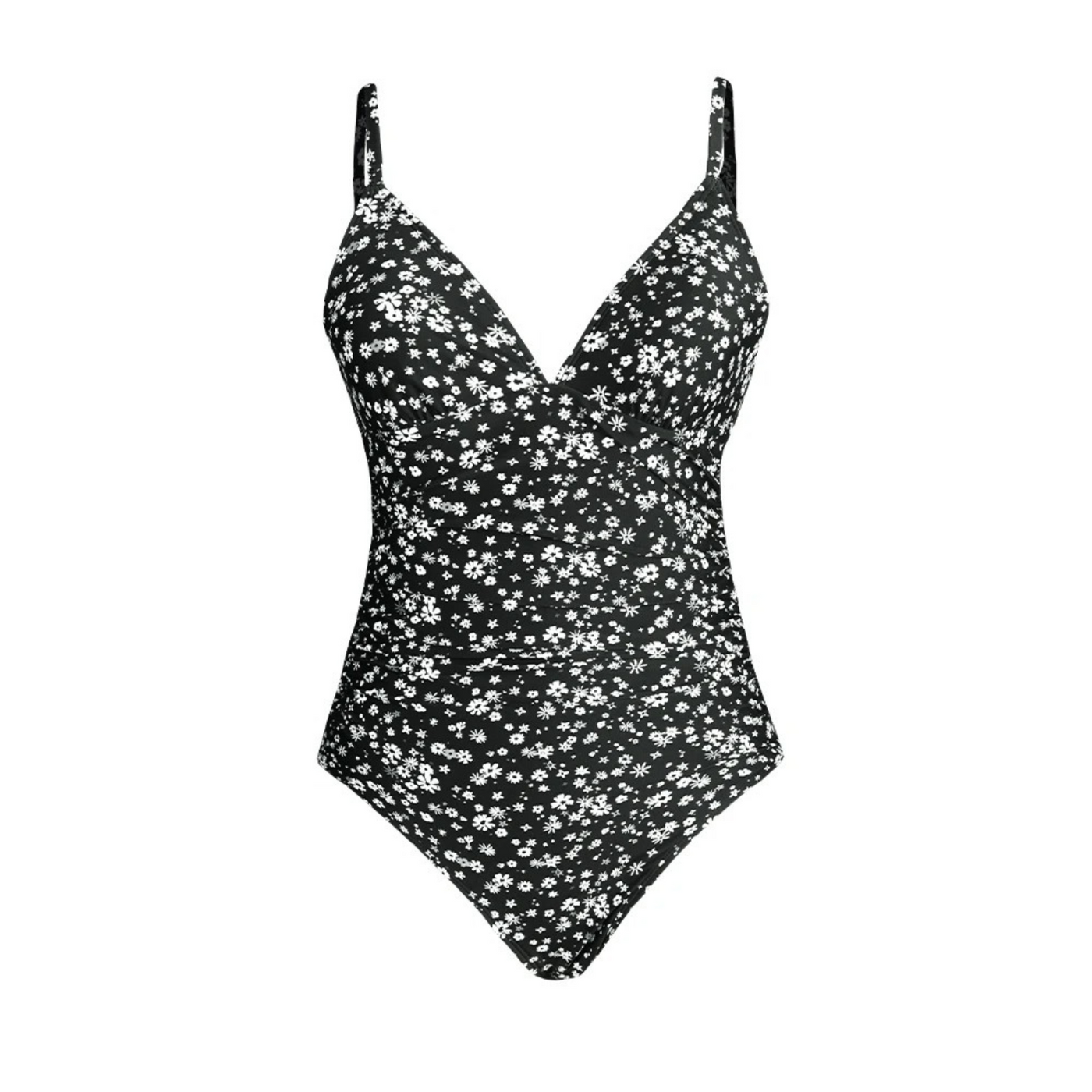 Maillot de bain une pièce femme – Décolleté en V – Bretelles réglables – Imprimé fleuri – Coupe gainante – Tissu côtelé extensible