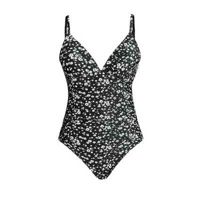 Maillot de bain une pièce femme – Décolleté en V – Bretelles réglables – Imprimé fleuri – Coupe gainante – Tissu côtelé extensible