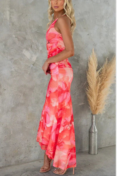 Robe longue extensible à une épaule et imprimé floral