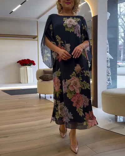 Robe Col Rond Fleuri Fente
