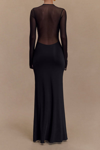 Gillian - Robe longue élégante en maille croisée et transparente pour femme