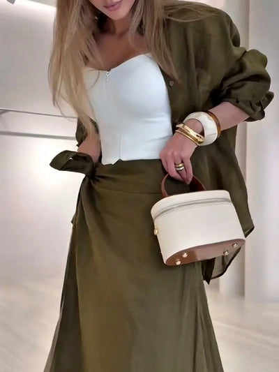 Ensemble deux pièces décontracté à lacets vert olive