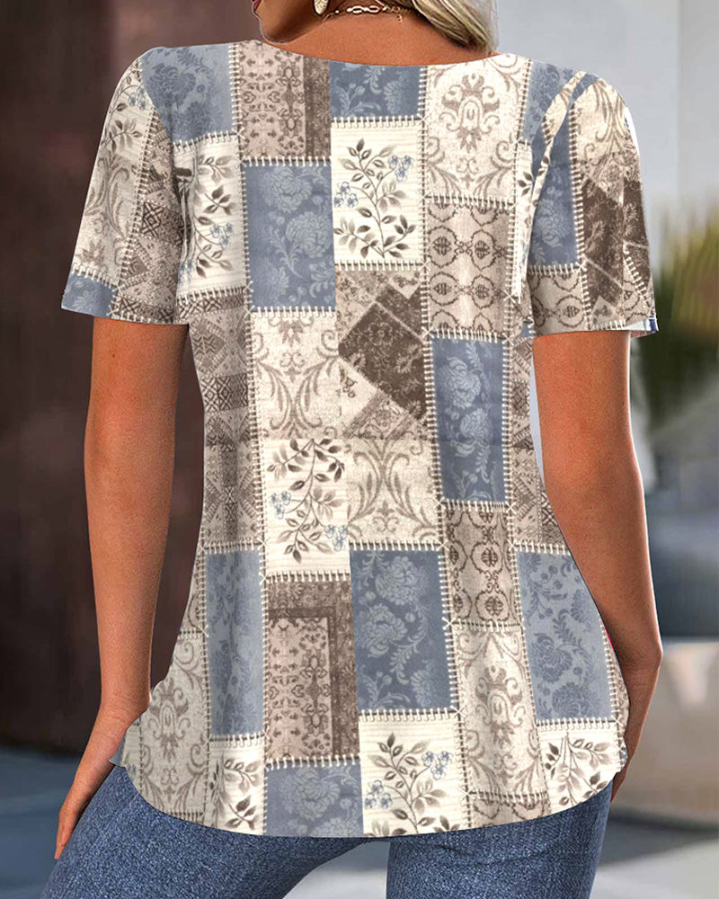 Blouse Vintage Col Rond Plissée Imprimée
