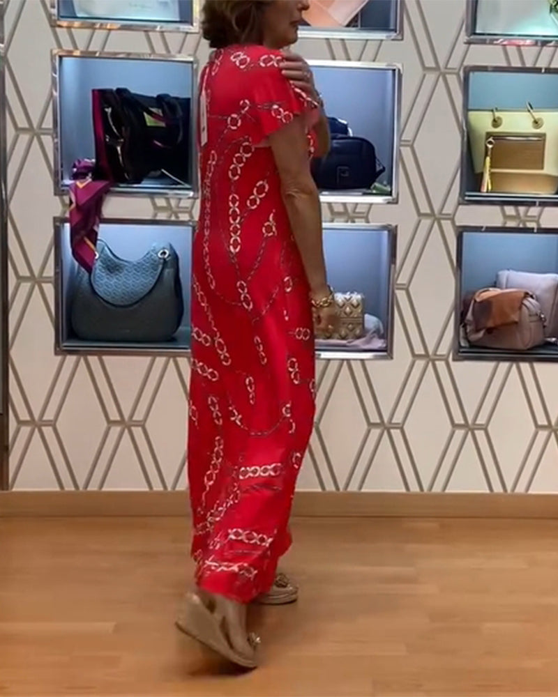 Robe Col V Imprimé Chaîne Maxi
