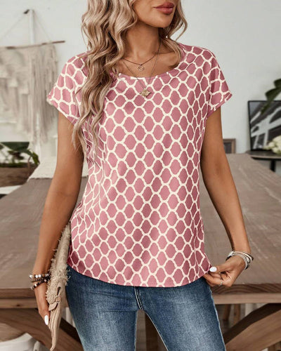 Blouse Col Rond Imprimé Losange Manches Courtes