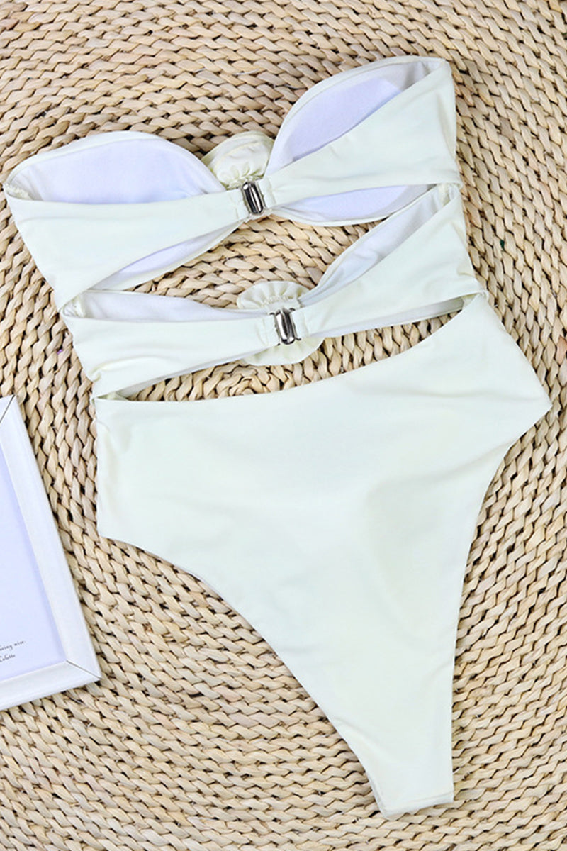 Maillot de bain une pièce femme – Bandeau – Coupe haute – Découpes – Appliqués floraux