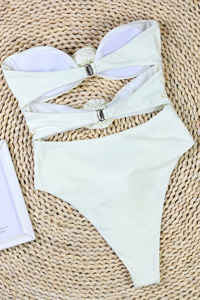 Maillot de bain une pièce femme – Bandeau – Coupe haute – Découpes – Appliqués floraux
