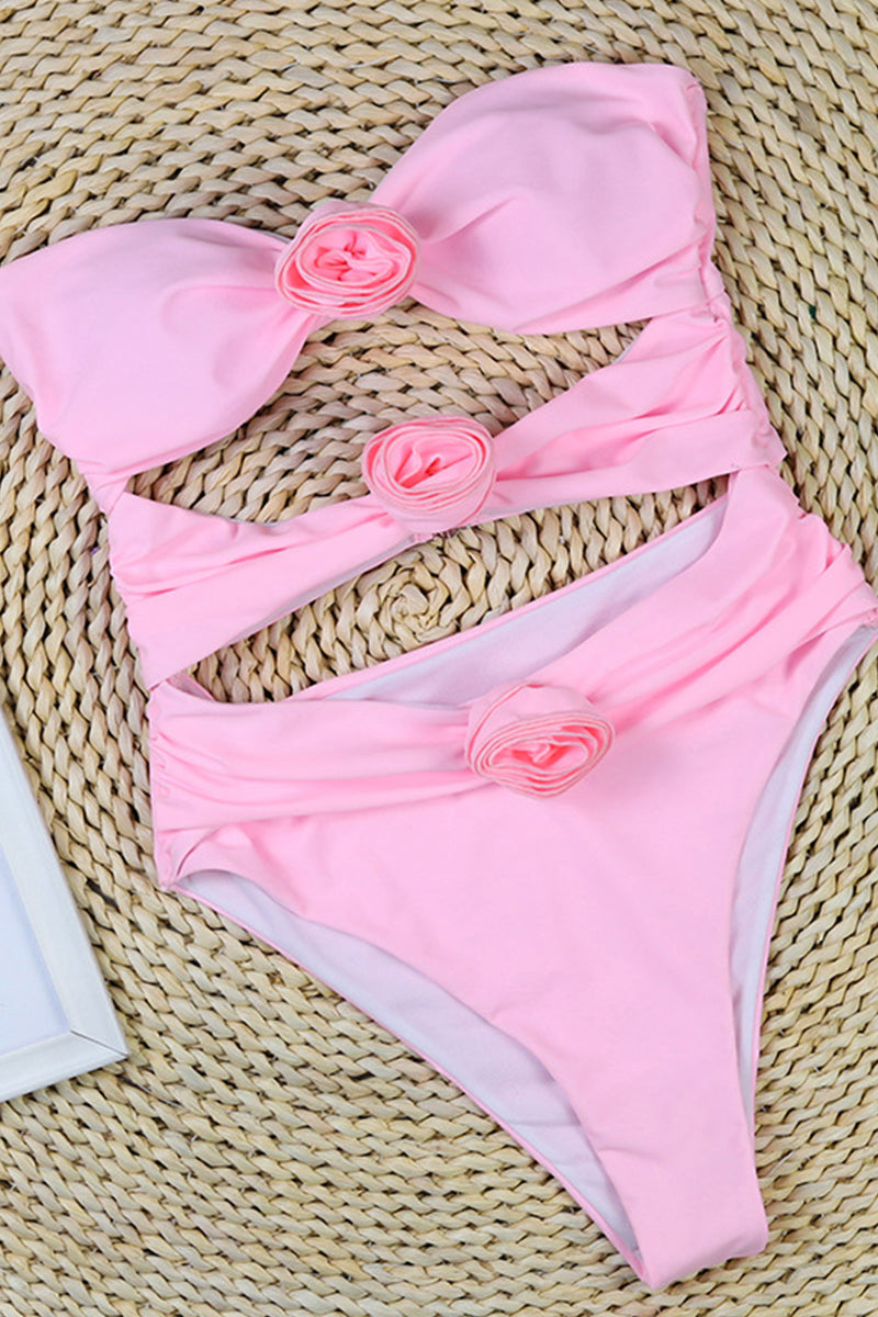 Maillot de bain une pièce femme – Bandeau – Coupe haute – Découpes – Appliqués floraux