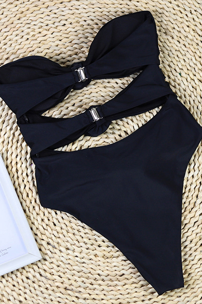 Maillot de bain une pièce femme – Bandeau – Coupe haute – Découpes – Appliqués floraux