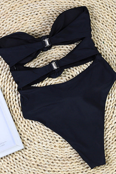 Maillot de bain une pièce femme – Bandeau – Coupe haute – Découpes – Appliqués floraux