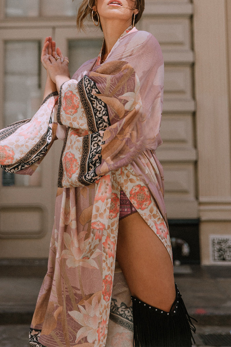 Kimono femme – Coupe fluide – Tissu respirant – Imprimé fleuri – Ceinture à nouer