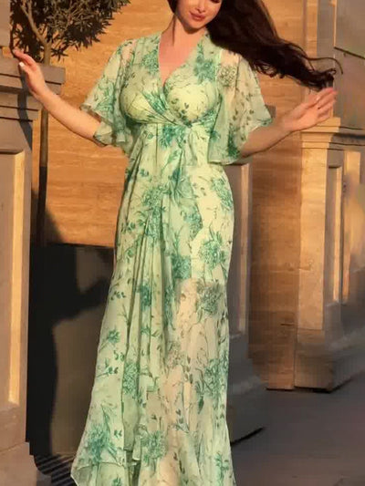 Robe imprimée rétro à col en V et manches trompette