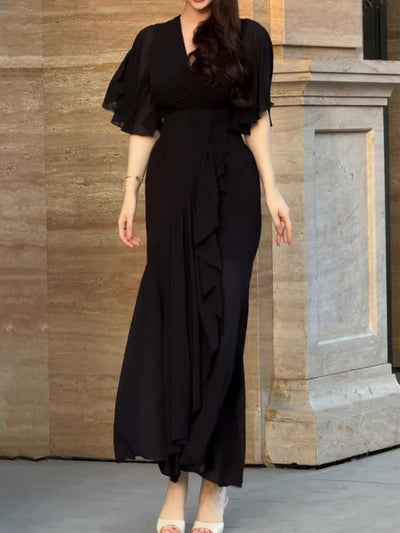 Robe imprimée rétro à col en V et manches trompette