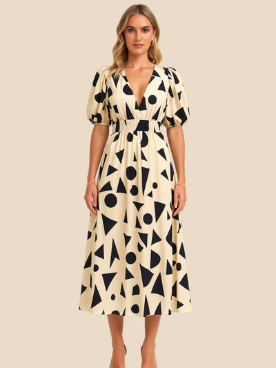 Robe Midi | Motif Géométrique | Volume & Modernité