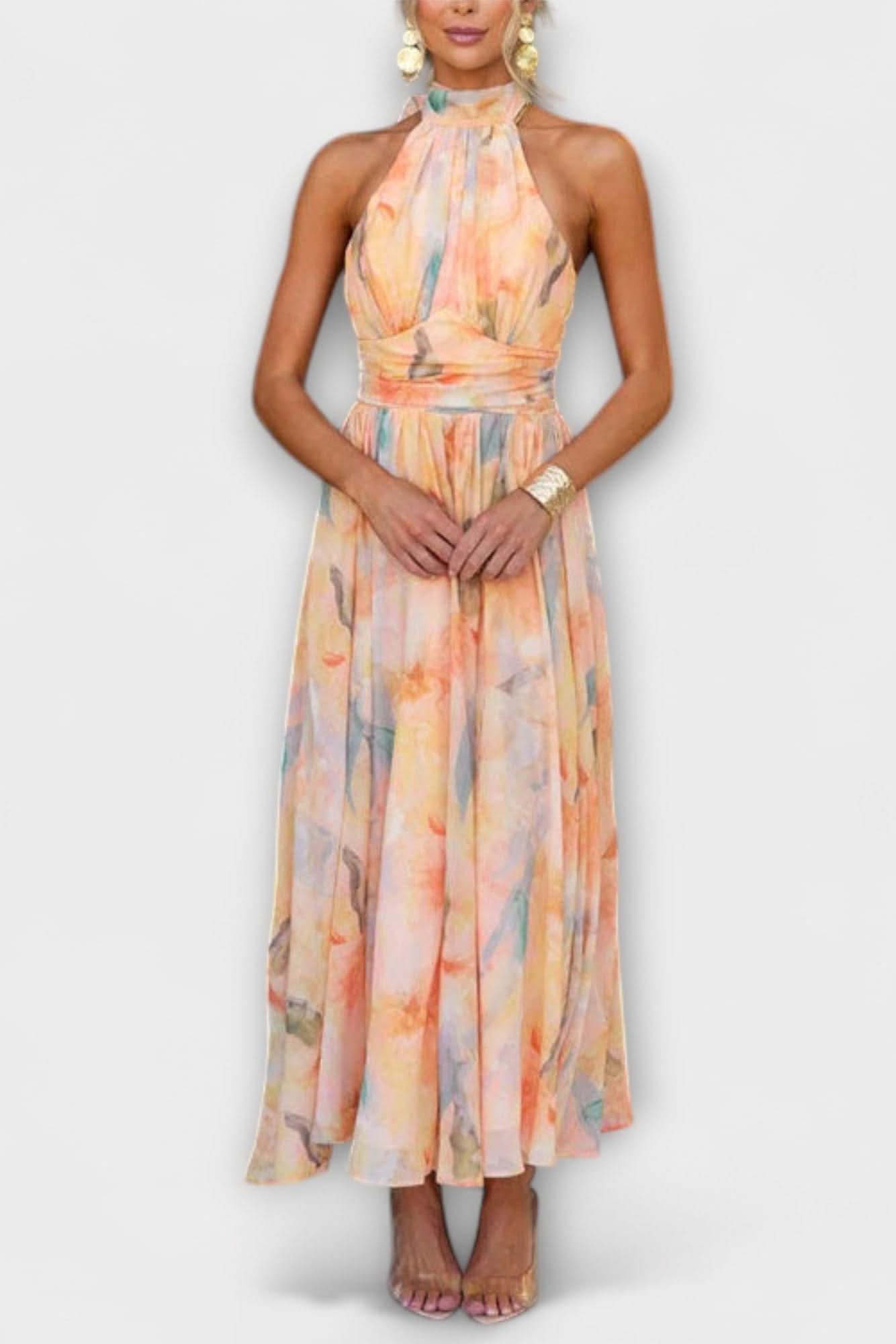 Morgane™ | Robe Maxi Halter-Neck Aquarelle Print